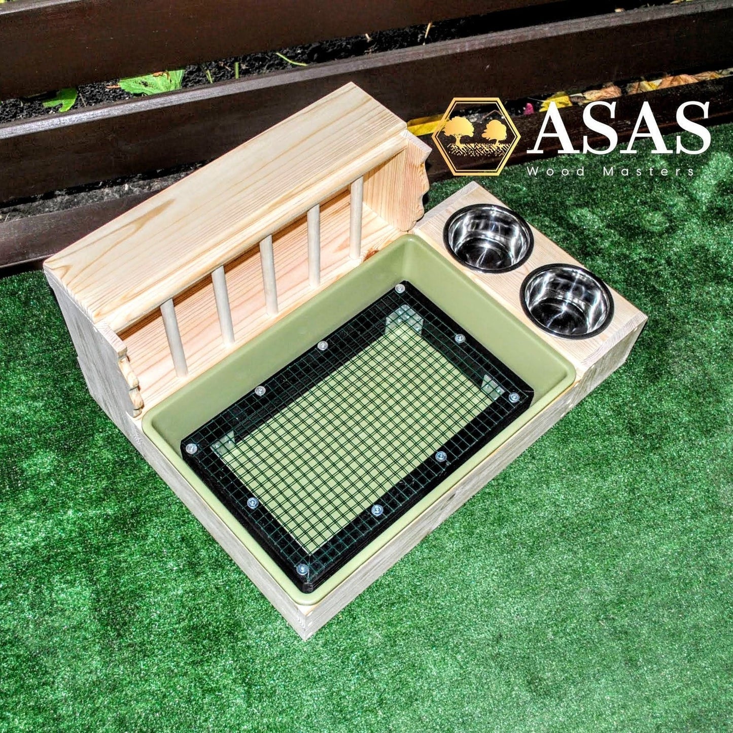 rabbit hay feeder with wooden side hay waste protection, litter box green and rabbit nibble water bottle and food bowl station combo