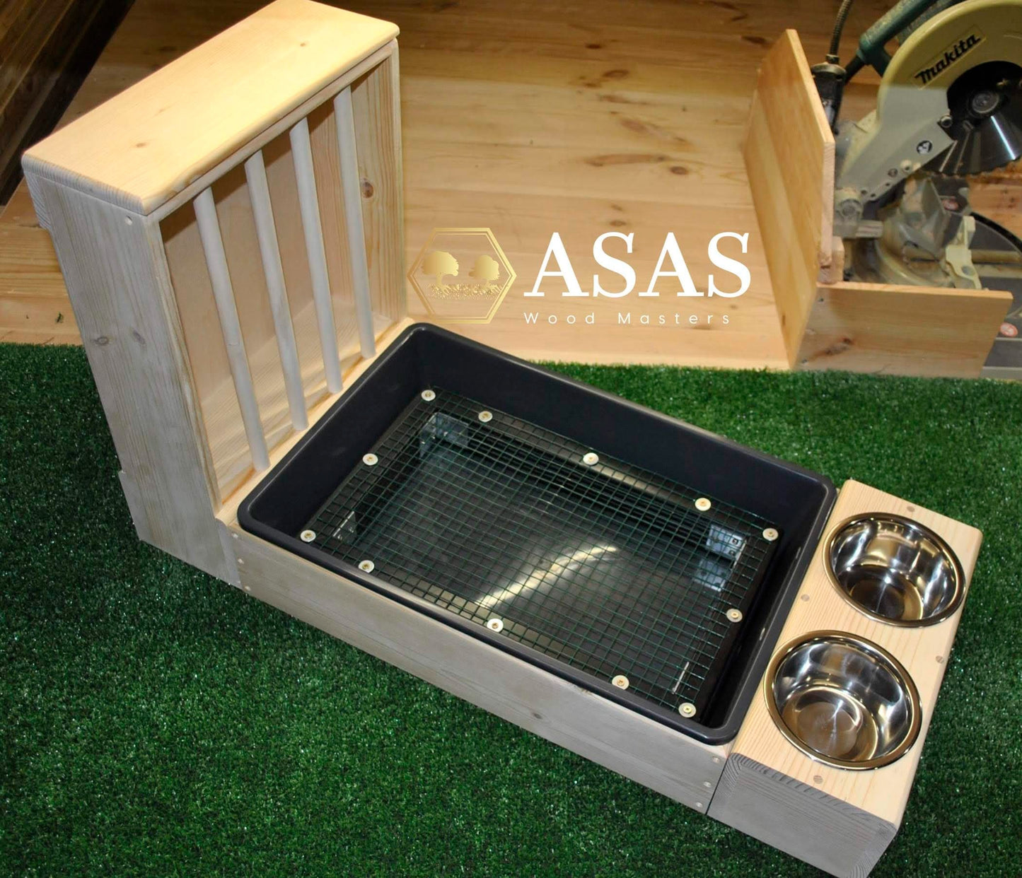 Rabbit hay feeder with litter box with wire mesh insert and food bowl handmade wooden