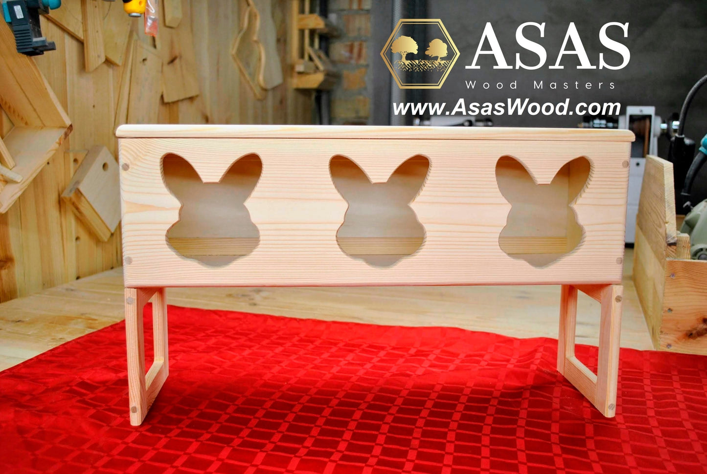 Rabbit shape holes, wooden rabbit hay feeder, made by AsasWood
