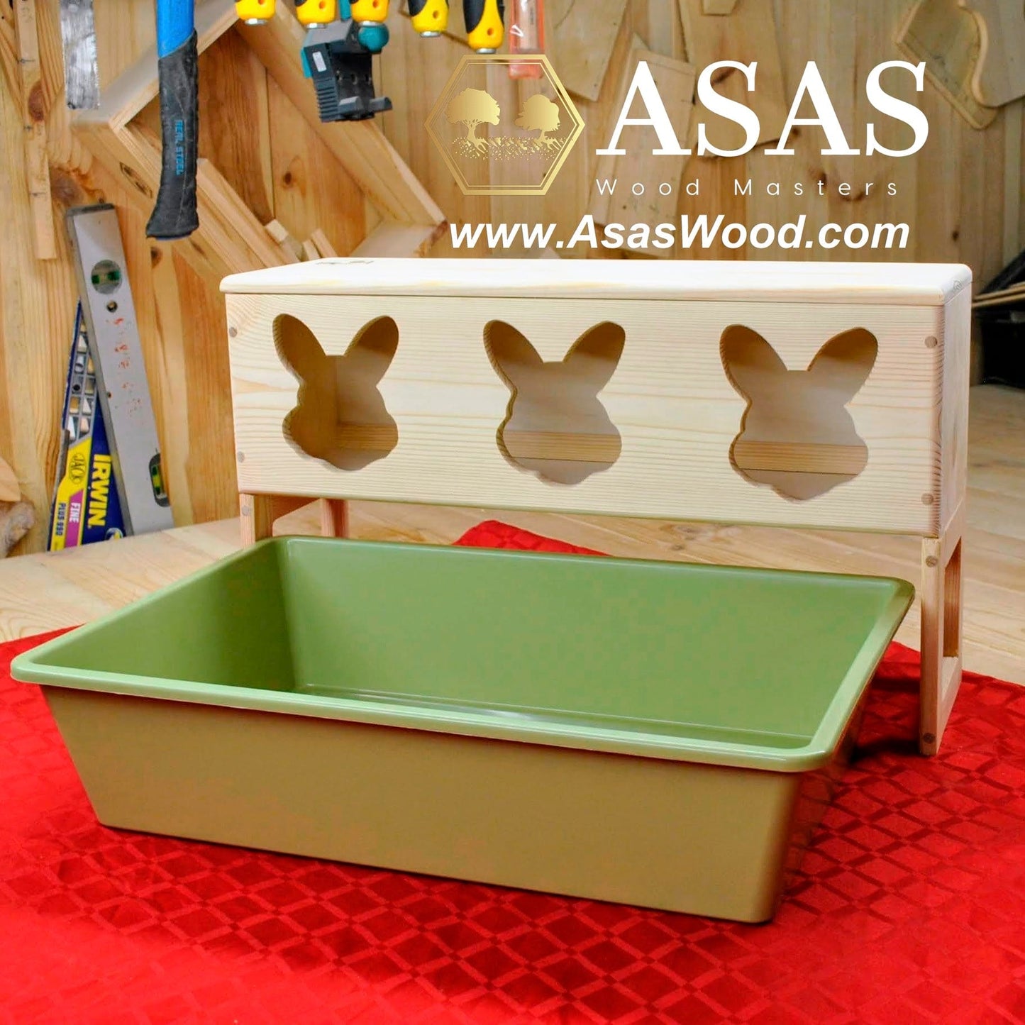 Rabbit shape holes, wooden rabbit hay feeder, made by AsasWood
