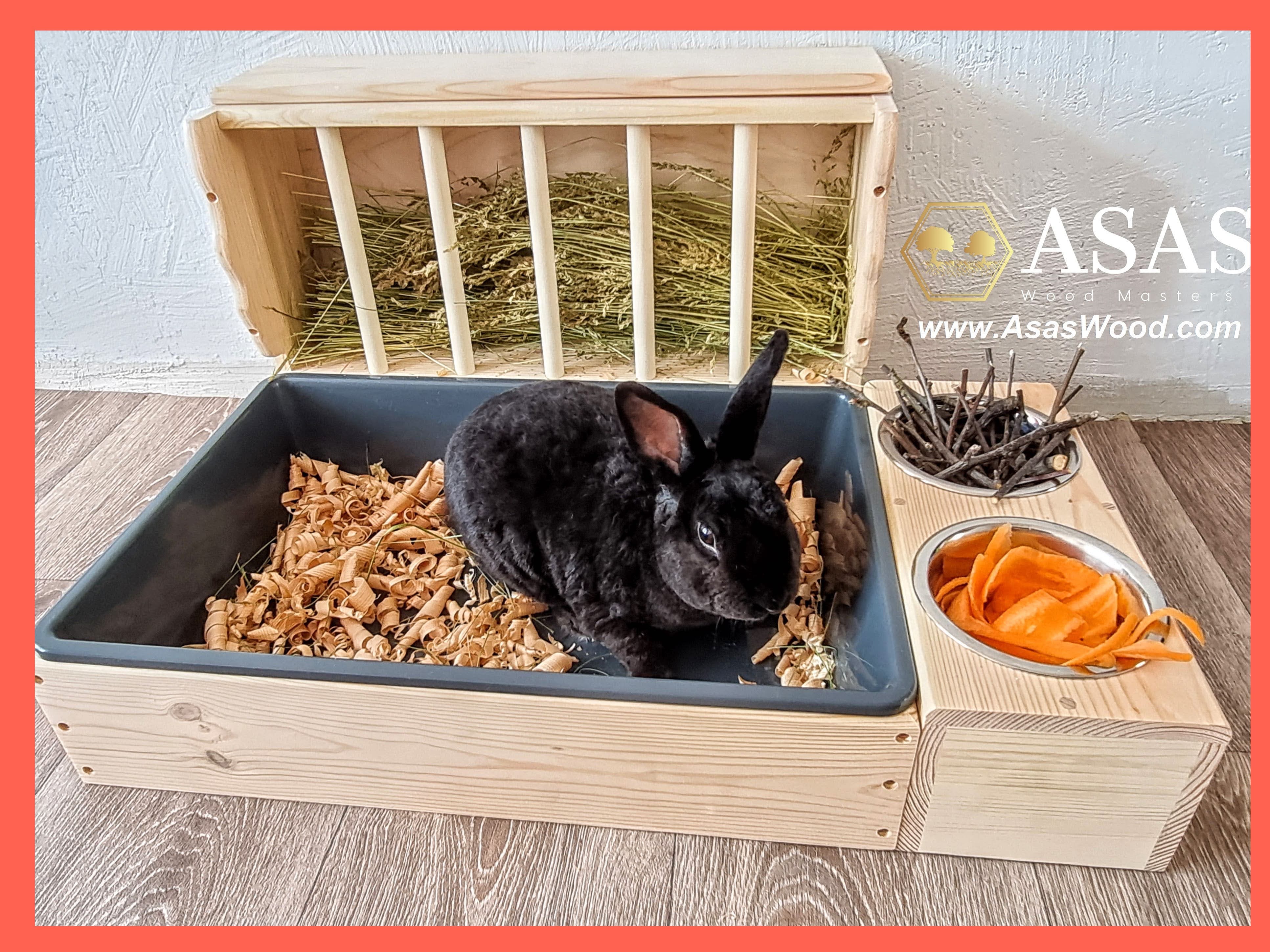 Hay Feeder In Rabbit With Litter Box, Mess Proof Wooden Bunny
